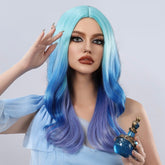 Ombre Ice Blue & Light Purple Water Wave Halloween Long Wig 22 Inch